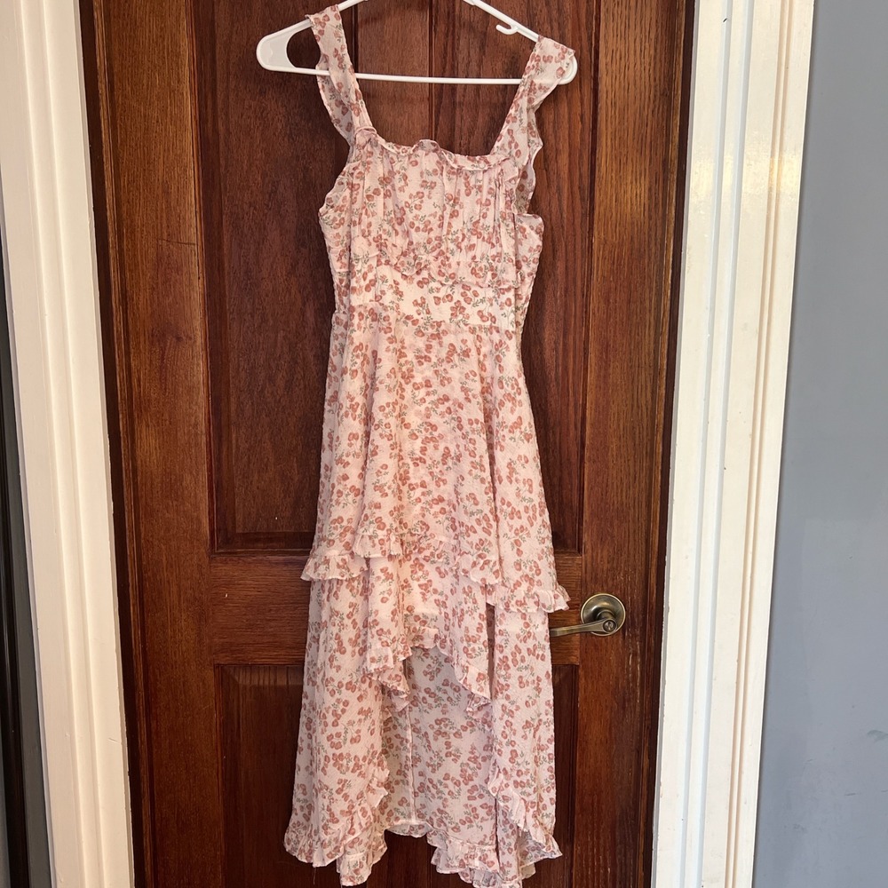 Floral Ruffle High Low Dress Pink White Smocked Back Sleeveless Summer Midi